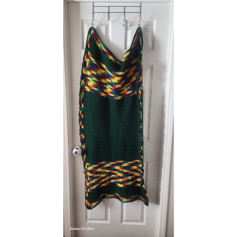 Crocheted Sofa Throw Blanket Green Multicolor Striped Bohemian Decorative
